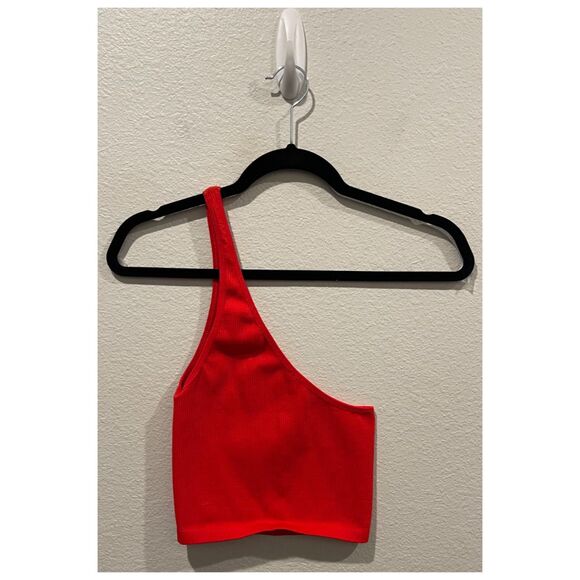 FREE PEOPLE Asymmetric Ribbed One Shoulder Red Crop Top - Picture 3 of 4